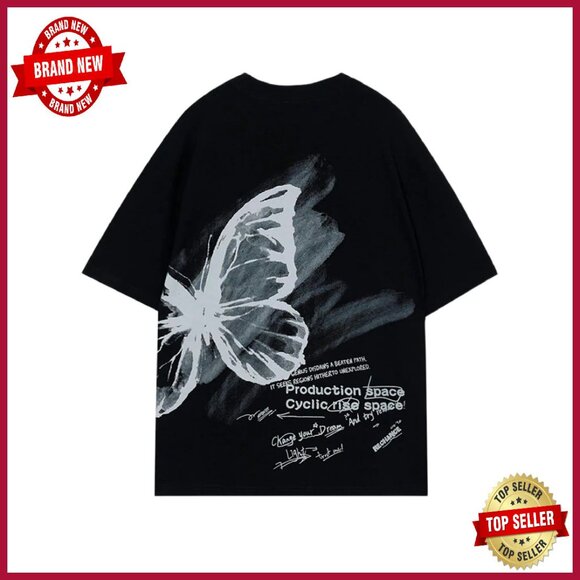 Oversized Butterfly Graphic Tee Men's Vintage Y2K Streetwear Summer Top